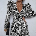 Elegant V-neck zebra pattern wrap dress with puff long sleeves and waist tie belt - White