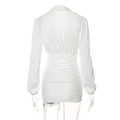 Short white plisse mini dress featuring a deep V-neck and long sleeves in a slim fit style - S / White