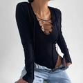 Slim fit long sleeve V-neck ribbed bodysuit with lace-up front detail in black color - S / Black