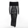 Elegant black ruched mesh long dress with off-shoulder sleeves and a slim fit - L / Black