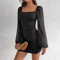 Elegant black bodycon mini dress with square neck and sheer mesh puff sleeves - S / Black