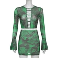Set due pezzi in mesh verde con stampa vintage, top con cut-out e gonna attillata - S / Stampato