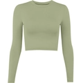 Sage green ribbed long sleeve crop top for women with a slim fit and round neckline - S / Light Green