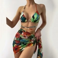 Three-piece bikini set with tropical floral print and matching mesh wrap skirt - Tropical Rainforest Botanical Print Style (Y03-10001-003)