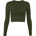 Slim fit cropped long sleeve rib-knit t-shirt for women in deep olive green finish - S / Dark Green