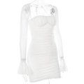 Elegant white bodycon mini dress with ruched mesh sleeves and slim fit silhouette - M / White