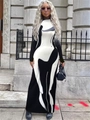 Eng anliegendes langärmliges Maxikleid mit abstraktem schwarz-weißem Druck für Damen - S / Körpersilhouette Künstlerischer Stil (GA287-001)