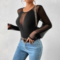 Slim fit black bodysuit featuring sheer mesh patchwork sleeves and a round neckline - S / Black