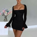 Sexy black ruched bodycon mini dress with long flared sleeves and off-shoulder neckline - S / Black