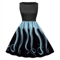 Abito a ruota retrò senza maniche con corpetto nero e stampa tentacoli di polpo - S / Blu Girocollo