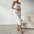 White ribbed midi dress with spaghetti straps and bodycon fit for a modern minimalist look - M / White