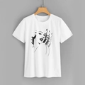 White crew neck T-shirt featuring a classic black and white artistic female portrait print - S / White
