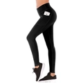 Detail of high waist yoga leggings showing the functional side pocket with a phone - Black