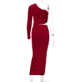 Elegantes tiefrotes Samt-Bodycon-Kleid mit asymmetrischer Schulter und Taillenausschnitt - M / Rot