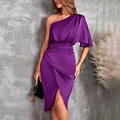 Elegant purple satin one-shoulder dress with ruffled sleeve and pleated waist details - Purple