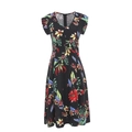 Abito a trapezio a maniche corte nero con stampa floreale tropicale e scollo rotondo - S / Nero