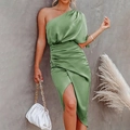 Elegant grass green one-shoulder satin dress with side ruching and asymmetrical split - Light Green