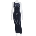 Sexy zwarte mouwloze nauwsluitende maxi-jurk met witte artistieke lichaamscontourprint - S / Zwart