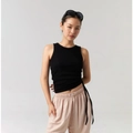 Women's black ribbed tank top with side drawstring detail and slim fit design - S / Black