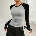 Women's raglan sleeve long T-shirt in grey and black with side drawstring ruching details - S / Gray and Black Color Block (XG017)