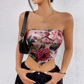 Floral print tube top for women with vintage rose patterns and a unique V-shaped hemline - S / Vintage Rose Print (XG041-ZQ0023C)