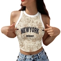 Top corto da donna con stampa New York tie-dye e jeans in denim azzurro - S / Stampa Marmo Beige (GA123-1043)