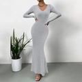 Vestido largo ajustado de punto acanalado gris claro con manga larga y cuello en V - S / Gris