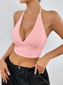 Top corto rosa con cuello halter, escote en V profundo y tejido de textura ondulada chic - M / Rosa