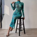 Abito lungo attillato in mesh trasparente con stampa marmo verde e raffinato collo alto - S / Marmorizzato Verdastro (GA253-001)