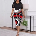 Dettaglio delle maniche a sbuffo in pizzo e della stampa geometrica sull'abito aderente - L / Patchwork Geometrico Leopardato Rosso Nero (XG001-ZQ0001C)