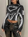 Street style cropped racer top with SPEED print and zip collar for motor fashion - S / Black And White Style (GA380-001)