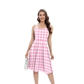 Rosa kariertes ärmelloses Sommerkleid mit dünnen Trägern und klassischer A-Linie Silhouette - S / Rosa und Weiß Kariert (B361-1024)