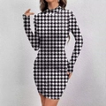Vestido ajustado para mujer con estampado de pata de gallo, manga larga y cuello alto - S / Pata de Gallo Blanco y Negro