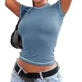 Camiseta azul ajustada de manga corta con costuras blancas en contraste para mujer - S / Azul
