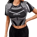 Top sportivo da donna a righe bianche e nere con stampa SPORTS e collo alto alla moda - S / Blocco di Colore Nero e Bianco (XG066-ZQ0067C)