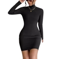 Vestido corto ajustado negro clásico con manga larga y cuello alto para mujer - S / Negro Clásico (GA369-001)