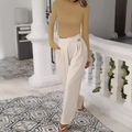 Slim fit khaki high neck long sleeve shirt paired with high waist off-white wide leg pants - S / Khaki