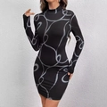 Eng anliegendes schwarzes Langarm-Minikleid mit abstraktem geometrischem Print und Stehkragen - S / Schwarz abstraktes Linienmuster(GA265-002)