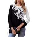 Women's long sleeve T-shirt featuring artistic black and white floral print and contrast panels - S / Black and White Color Block Impressionist Floral (CG001-ZQ0002CS)