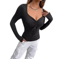 Slim fit black long sleeve top with sweetheart neckline and drawstring chest detail - S / Black (XG002-001)