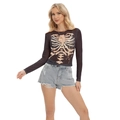 Haut sexy en mesh transparent noir à manches longues avec imprimé squelette - S / Style Squelette Côtes (GA238-ZQ0008W)