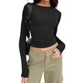 Slim fit black long sleeve crop top with a classic crew neck for women fashion - S / Black