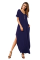 Women's V-neck dark blue maxi dress with side slit and pockets for summer beach wear - S / Navy Blue
