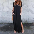 Short sleeve V-neck black maxi dress with side pockets and high slits for beachwear - S / Black