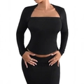 Chic black slim-fit knitted long-sleeve two-piece set for women in minimalist style - S / Black (XG088-001)