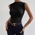 Top negro sin mangas de cuello alto con detalles fruncidos y ajuste ceñido elegante - S / Negro