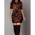 Slim fit black mini dress with 3D Chinese dragon print and red auspicious clouds - S / Red Dragon Style (XG051-1003)