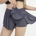 Women's 2-in-1 dark gray-purple running shorts with pleated skirt and drawstring - S / Gray