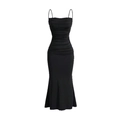 Abito lungo nero elegante con spalline sottili, design arricciato e fondo a sirena - S / Nero (XG146)