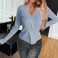 Maglione da donna in maglia a coste azzurro con scollo a V incrociato e maniche lunghe - S / Blu